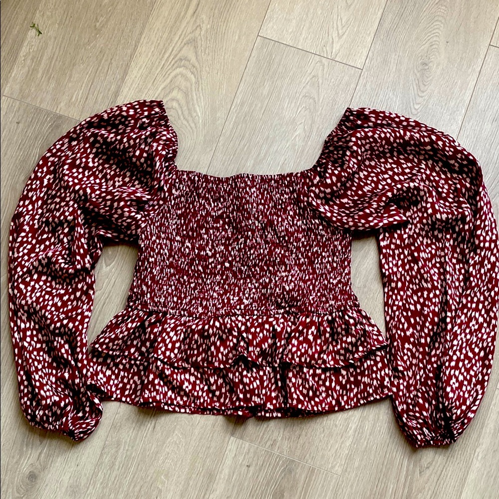 Mittoshop maroon Smocked Peplum Blouse Long Sleeve